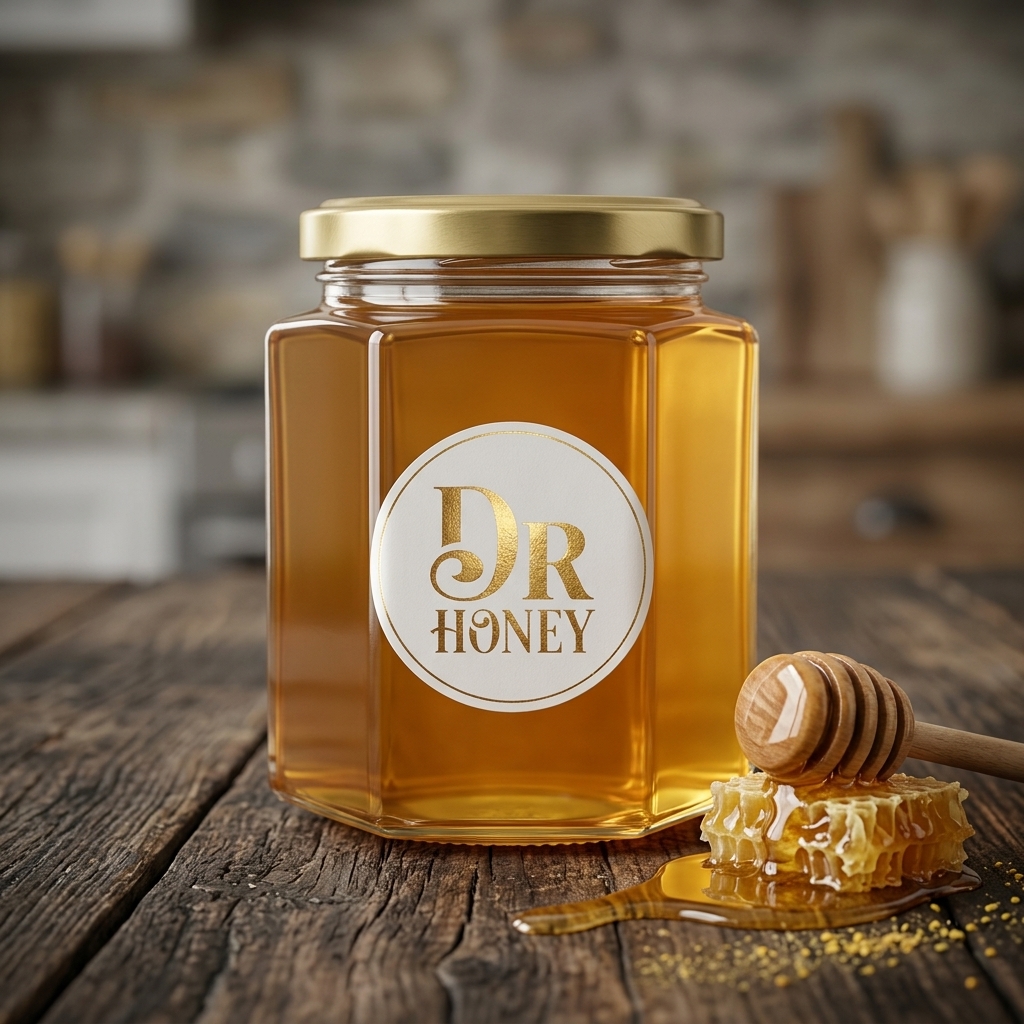 Dramatic low angle backlit Dr.Honey jar glowing with warm honey on dark elegant stone